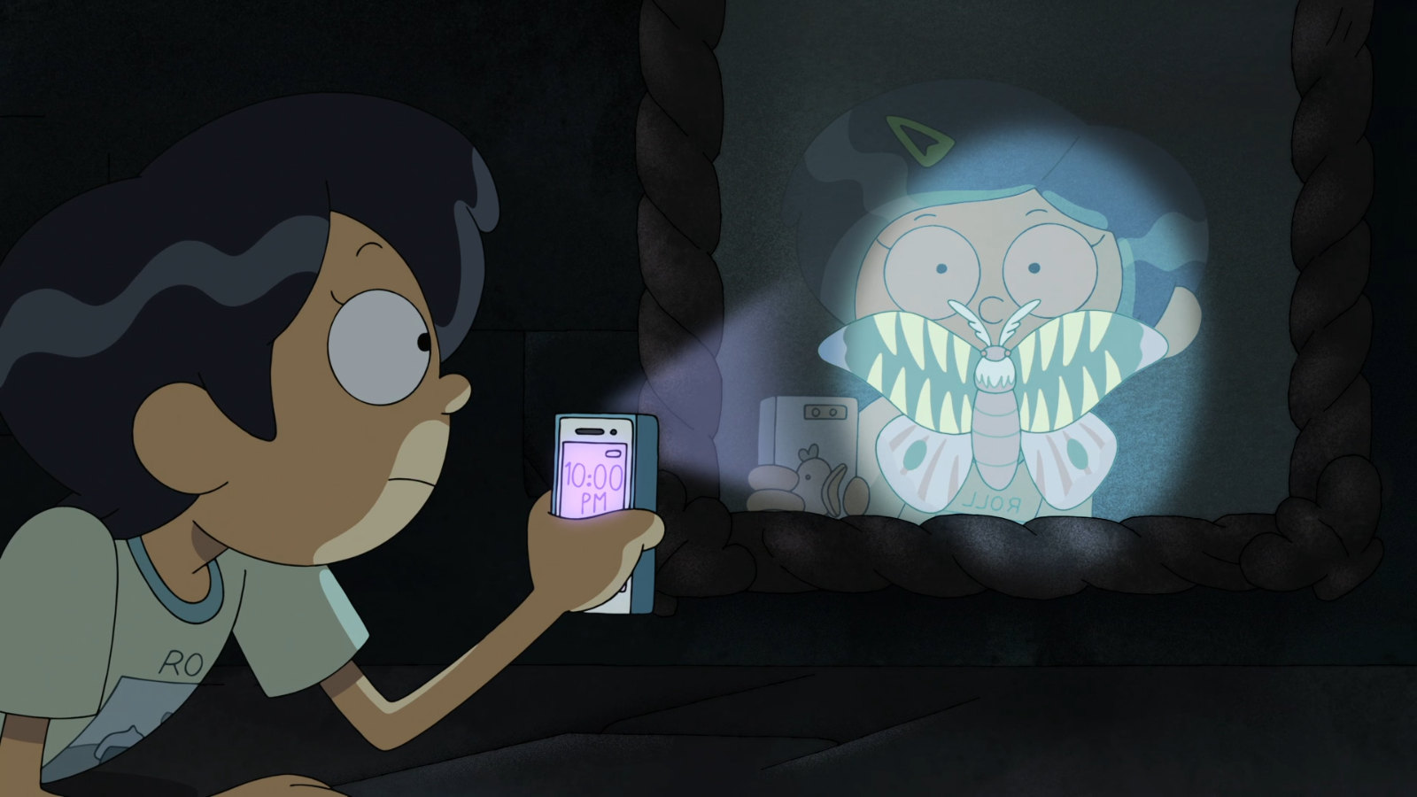 Marcy lies on their stomach in their PJs. Their phone's flashlight is pointed at a mirror in which she sees their reflection, but a large butterfly makes it looks like their mouth is an enormous, toothy maw.